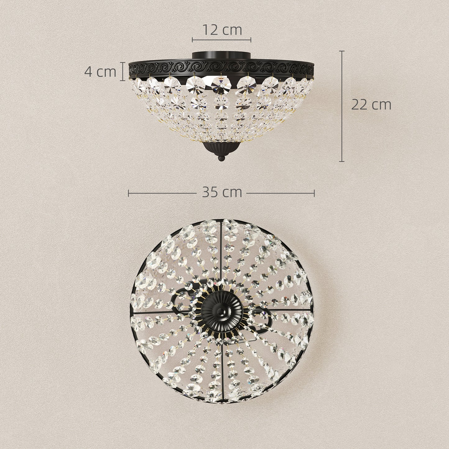 HOMCOM Crystal Chandelier Ceiling Light with 168 Octagonal Beads, Vintage 2-Light Flush Mount Ceiling Light for Living Room, Bedroom, Hallway, Dining Room, Black