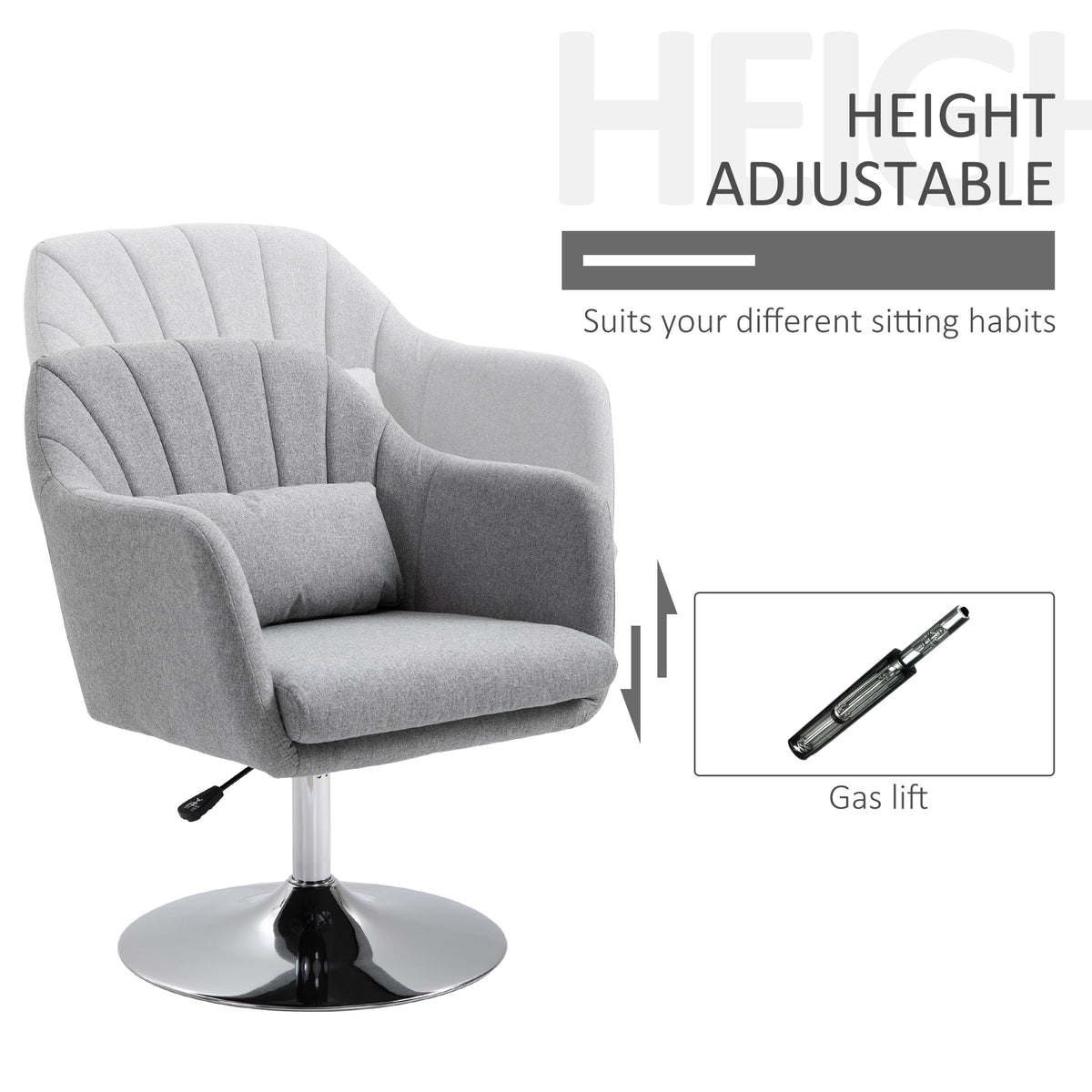 Light gray linen swivel chair with lumbar cushion and adjustable gas lift