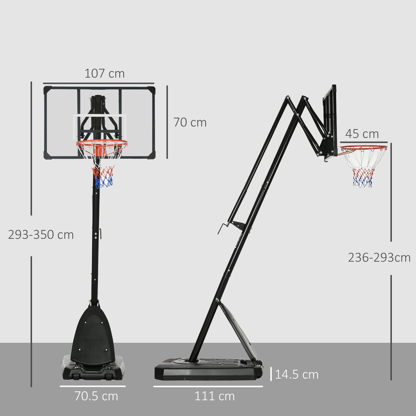 SPORTNOW 2.4-2.9m Adjustable Basketball Hoop and Stand with Weighted Base, Portable on Wheels, Black