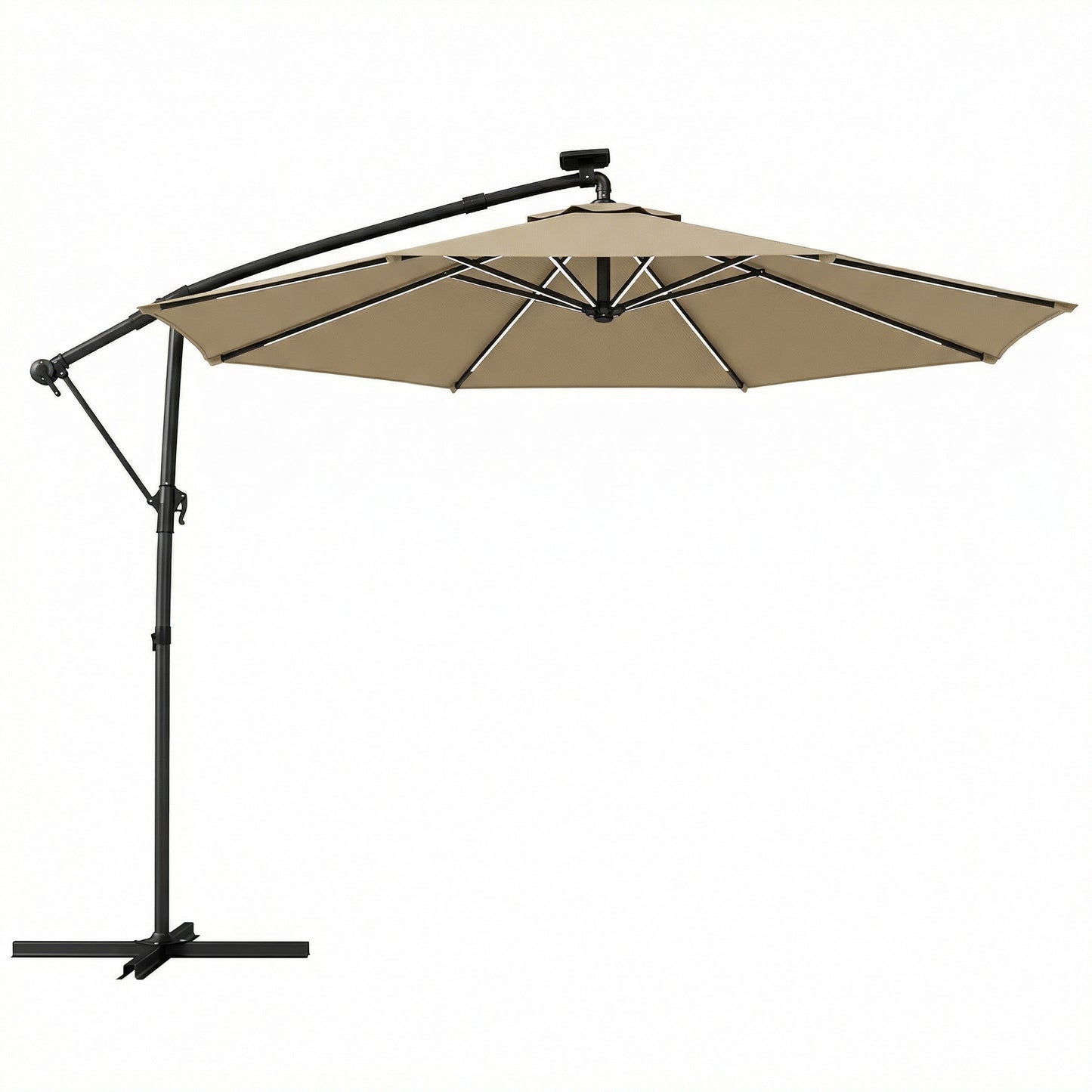 Photo of Outsunny 3 m Garden Cantilever Parasol with LED Solar Light, Round Overhanging Umbrella with 360° Rotation, Cover, Khaki in Khaki colour on a white background