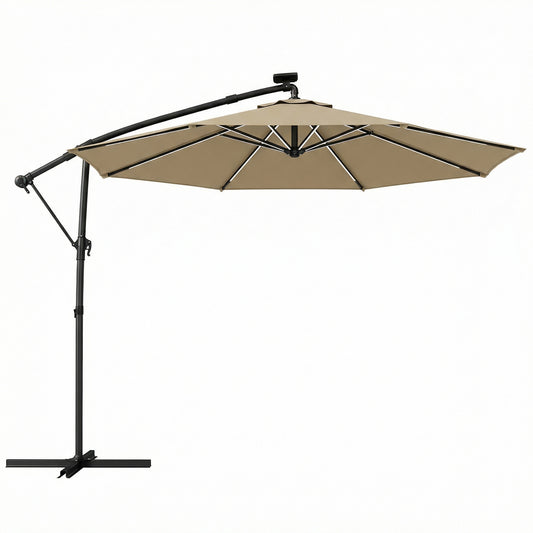 Photo of Outsunny 3 m Garden Cantilever Parasol with LED Solar Light, Round Overhanging Umbrella with 360° Rotation, Cover, Khaki in Khaki colour on a white background
