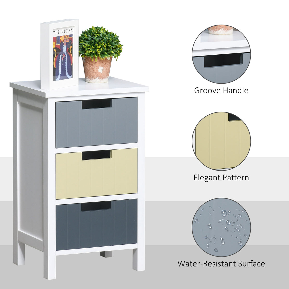 HOMCOM three-drawer storage tower with white frame, gray and pale yellow fronts, and grooved pulls