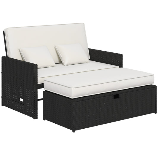 Photo of Outsunny Rattan Garden Daybed, Double Sun Lounger with 5-Level Adjustable Back, Storage Ottoman, Cream White in White colour on a white background