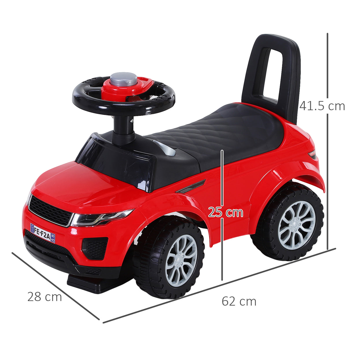 Red ride-on car with steering wheel and backrest, shown with length, width and height measurements
