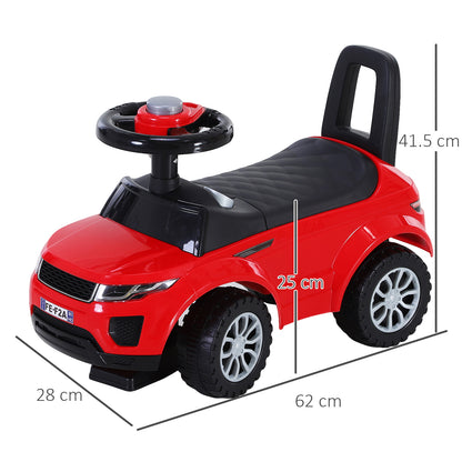 Red ride-on car with steering wheel and backrest, shown with length, width and height measurements