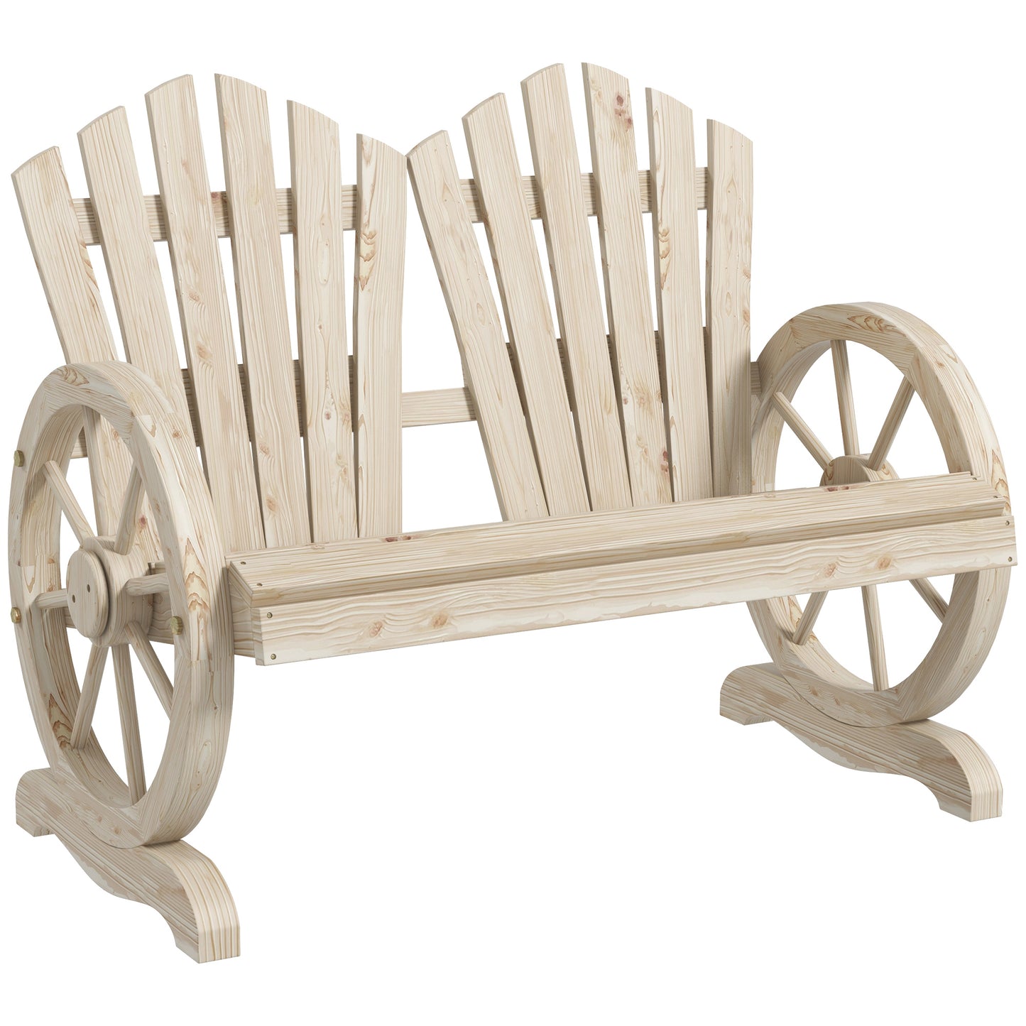Photo of Outsunny Fir Wood Love Seats with Wheel-Shaped Armrests, Large Load-Bearing Chair, Natural Wood Finish in Finish colour on a white background