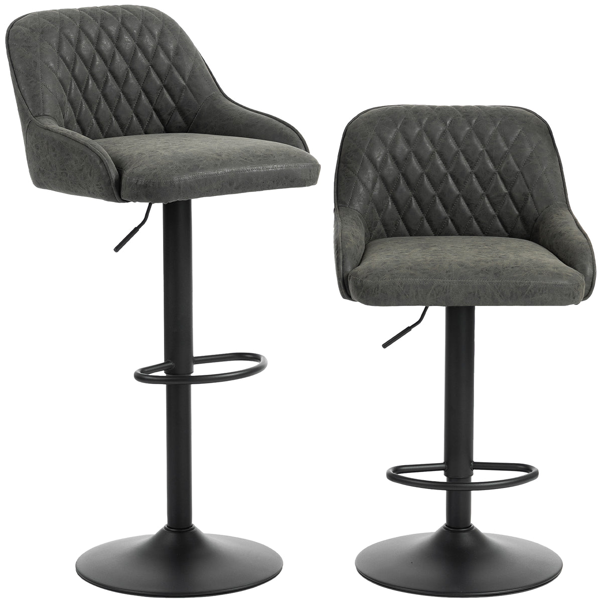 Photo of HOMCOM Bar Stools Adjustable Swivel Kitchen Chairs with Backrest Set of 2 for Kitchen Island Dark Grey in Grey colour on a white background