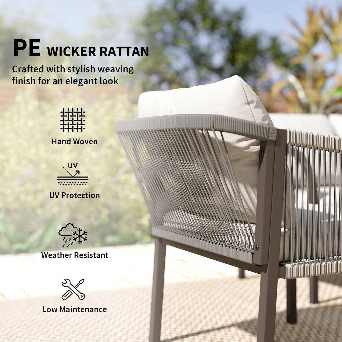 Outsunny 4 Piece Rattan Garden Furniture Set with Loveseat, Armchairs, Table, Steel Frame Wicker Patio Conversation Set, Grey