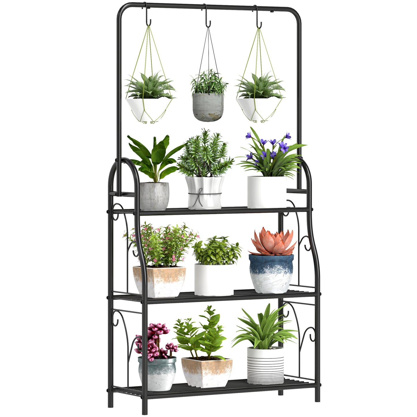 Photo of Outsunny 3 Tier Plant Stand with Hanging Rod and Hooks, Metal Plant Rack Shelf, Ladder Flower Pot for Indoor Outdoor Porch Balcony Living Room Bedroom, Black in Black colour on a white background