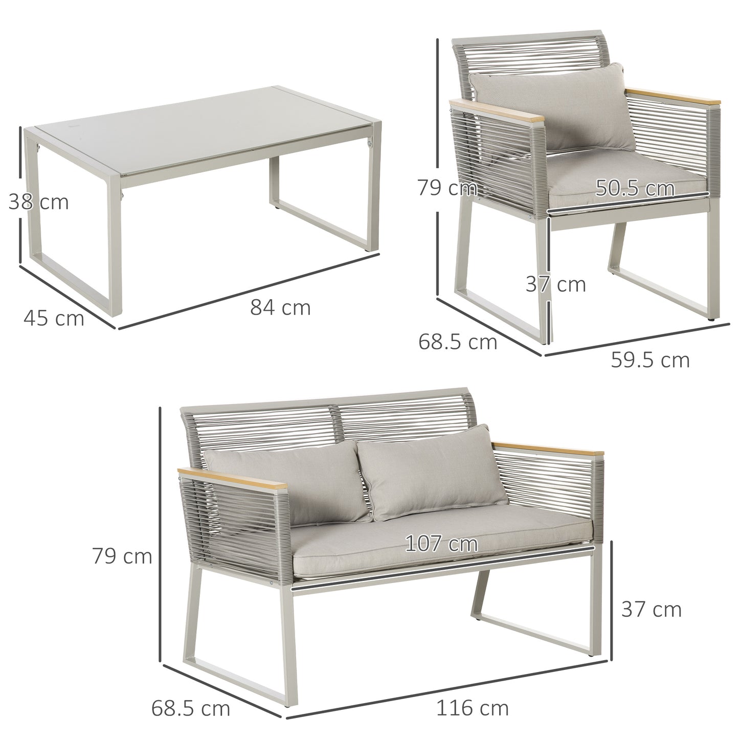 Outsunny 4 Pieces Rattan Garden Furniture Set - Grey