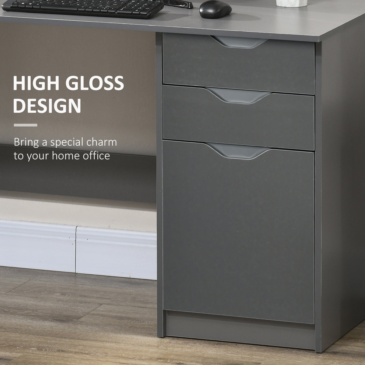 Grey desk cabinet with two drawers and a lower cupboard featuring recessed groove handles.