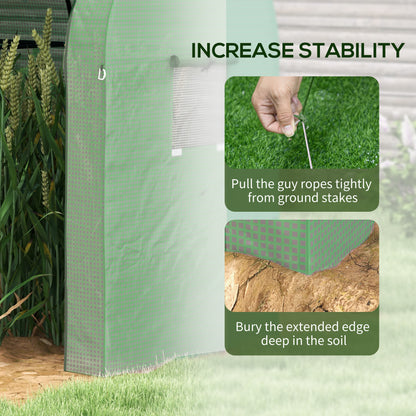 Outsunny portable greenhouse with green cover and extended ground edge secured by guy ropes