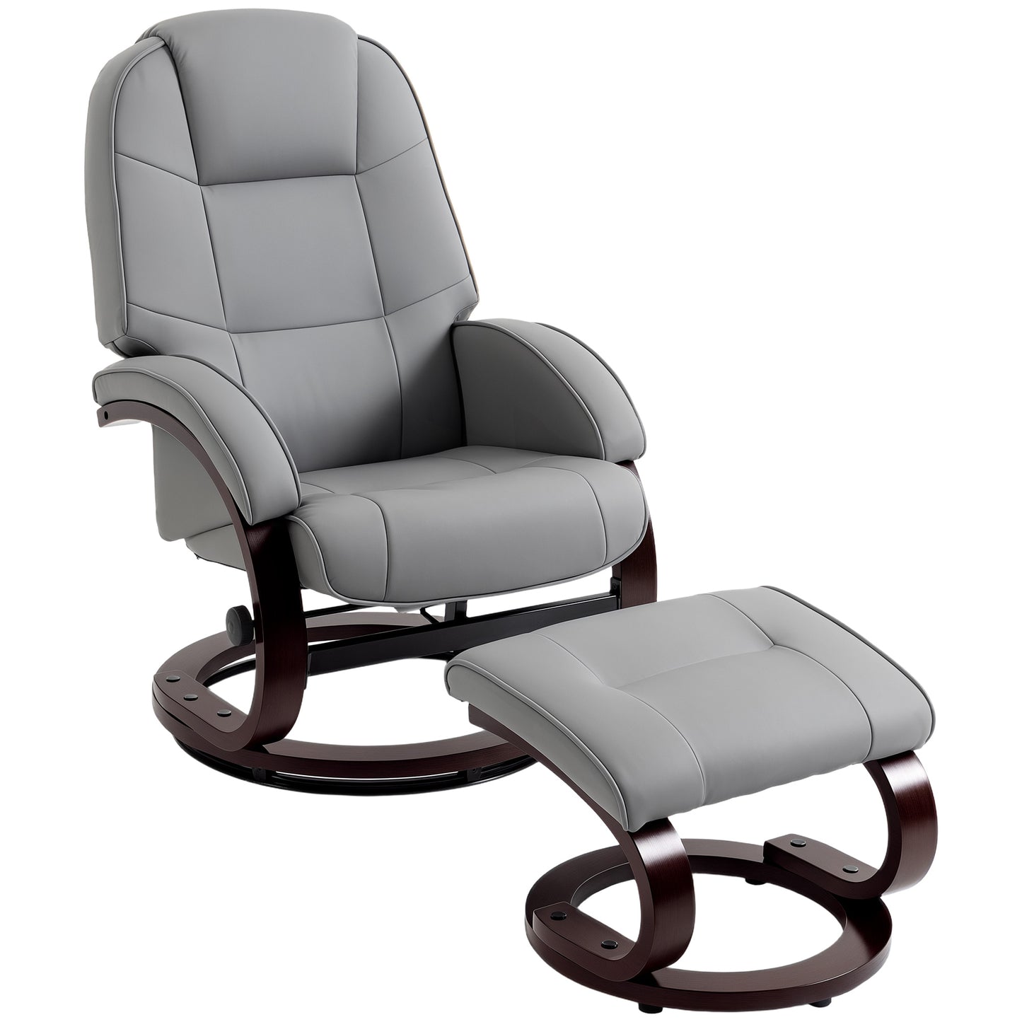 Photo of HOMCOM Swivel Recliner Chair with Footstool, PU Leather Recliner Armchair with Adjustable Back and Wood Frame, Grey in Grey colour on a white background