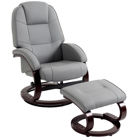 Photo of HOMCOM Swivel Recliner Chair with Footstool, PU Leather Recliner Armchair with Adjustable Back and Wood Frame, Grey in Grey colour on a white background