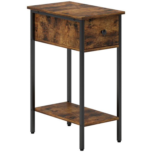 Photo of HOMCOM Narrow Side Table with Drawer and Storage Shelf - Rustic Brown in Brown colour on a white background