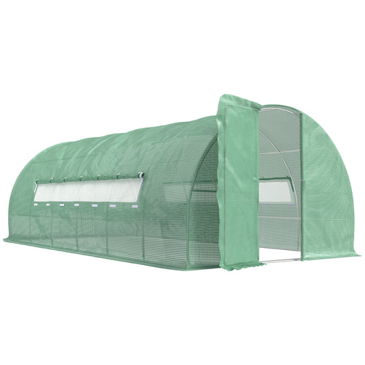 Photo of Outsunny Large Polytunnel Walk In Greenhouse, Plant Gardening Tunnel Green House with Metal Hinged Door, Galvanised Steel Frame & Mesh Windows, Green (3 x 6 m) in m) colour on a white background