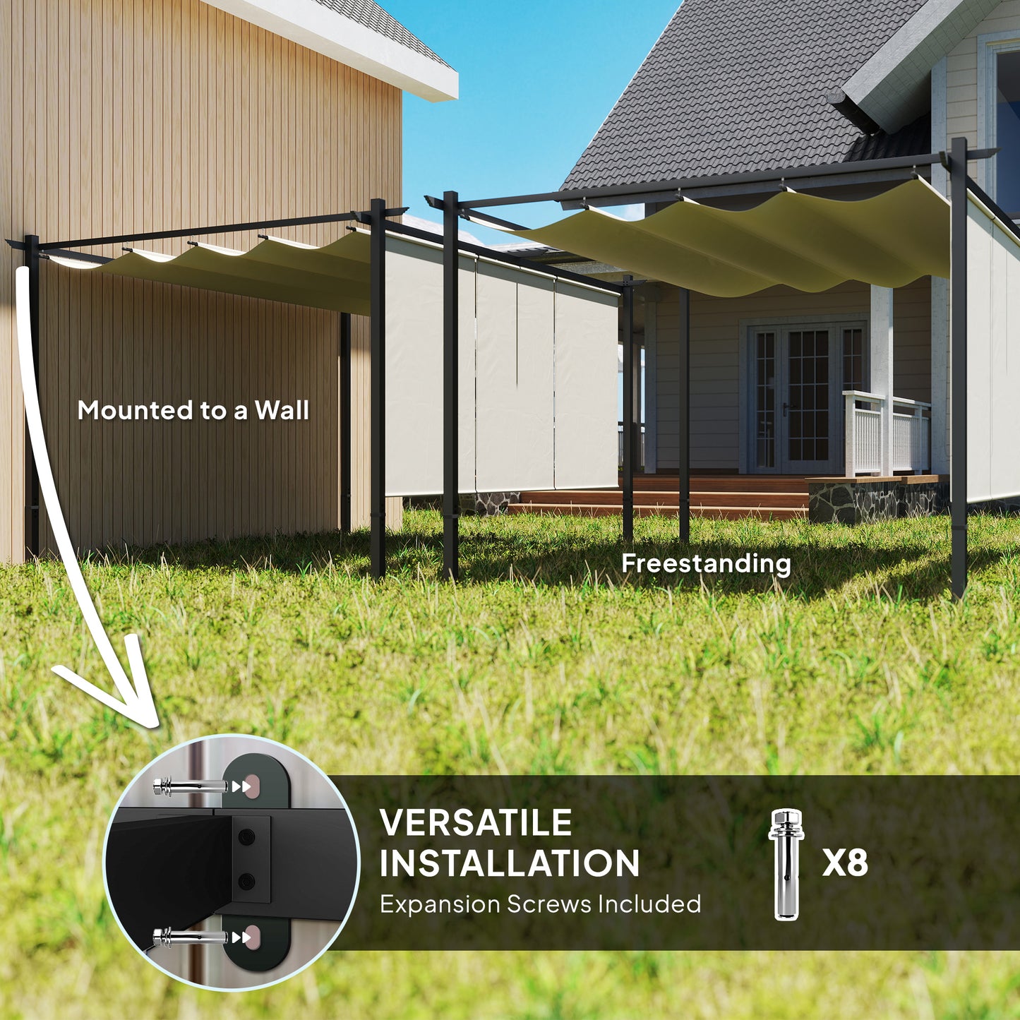 Outsunny 3 x 4m Metal Pergola with Retractable Roof and Roller Shade, Free Standing Gazebo Canopy Pergola Kit, UPF30+ Outdoor Sun Shelter, Beige