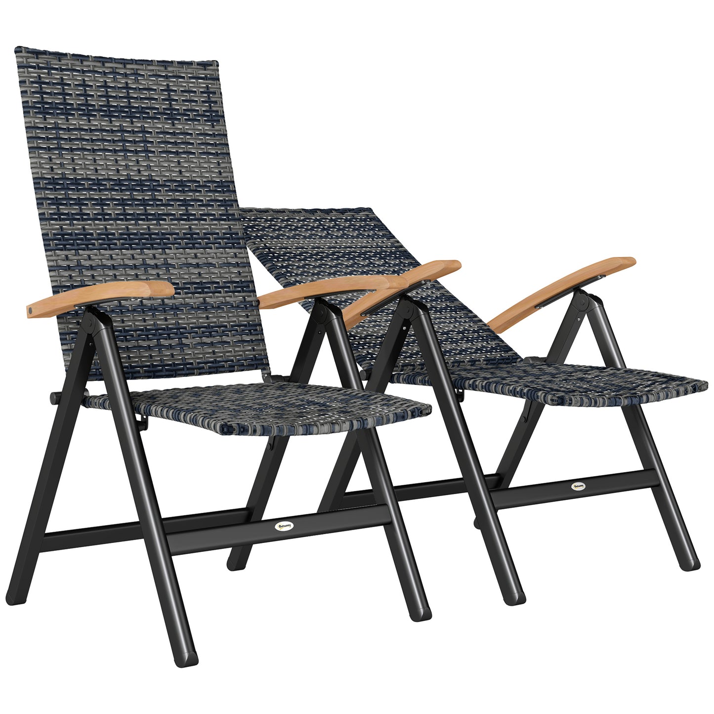 Photo of Outsunny 2 Pieces Folding Rattan Garden Dining Chairs with 5-level Reclining High Back, Wood Armrests for Outdoor - Mixed-grey in Mixed-grey colour on a white background
