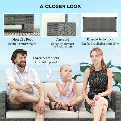 Three-seat rattan sofa showing woven arms, non-slip feet, and cream cushions