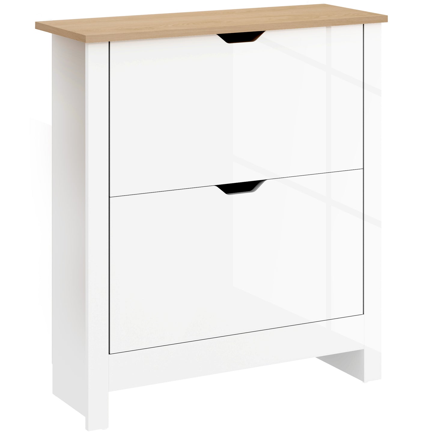 Photo of HOMCOM Slim Shoe Cabinet, Narrow Shoe Cupboard with 2 Flip Drawers, Adjustable Shelves for 12 Pairs of Shoes, High Gloss White in White colour on a white background