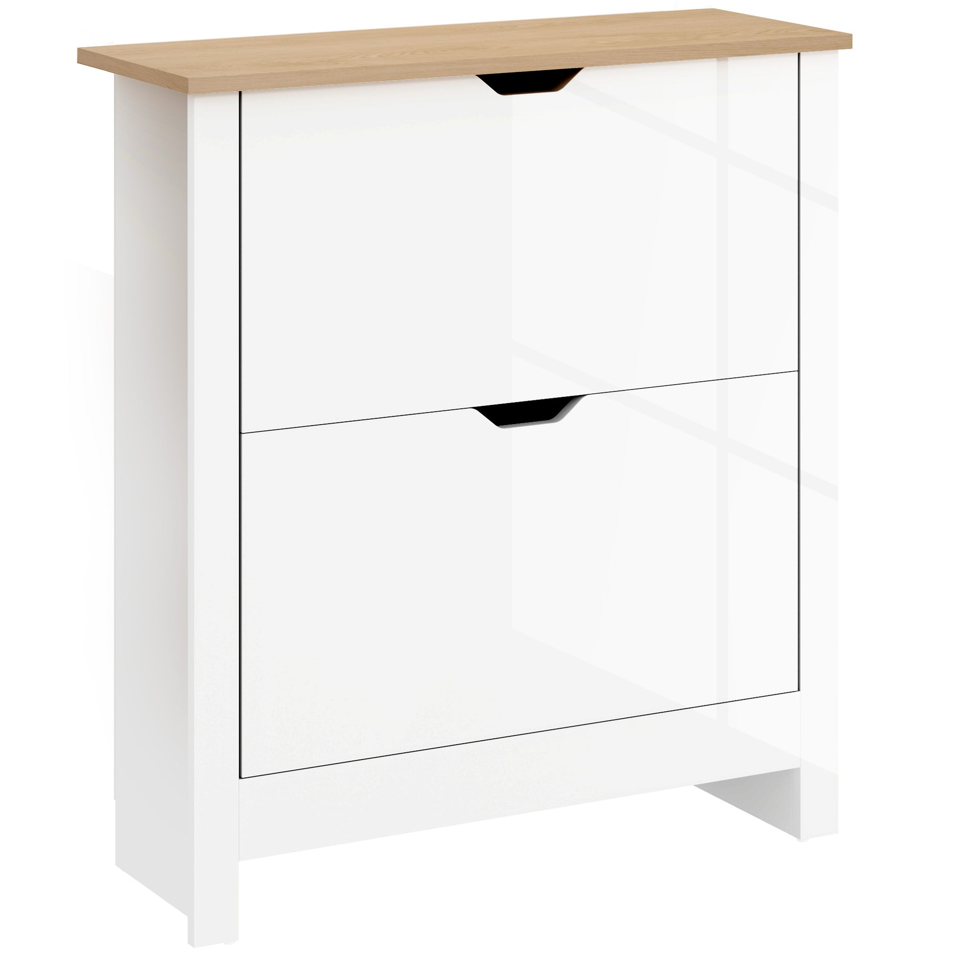 Photo of HOMCOM Slim Shoe Cabinet, Narrow Shoe Cupboard with 2 Flip Drawers, Adjustable Shelves for 12 Pairs of Shoes, High Gloss White in White colour on a white background