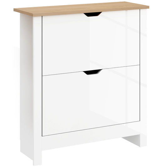 Photo of HOMCOM Slim Shoe Cabinet, Narrow Shoe Cupboard with 2 Flip Drawers, Adjustable Shelves for 12 Pairs of Shoes, High Gloss White in White colour on a white background