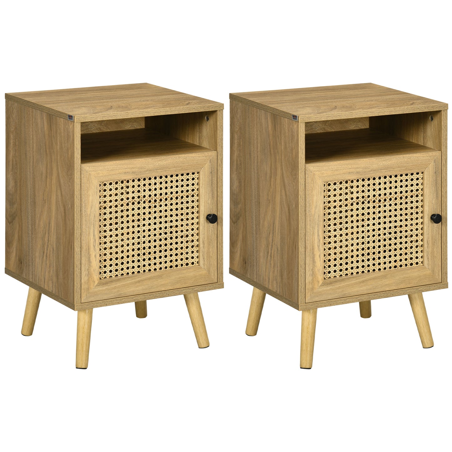 Photo of HOMCOM Bedside Table with Rattan Element, Side End Table with Shelf and Cupboard, 39cmx35cmx60cm, Set of 2, Natural in Natural colour on a white background
