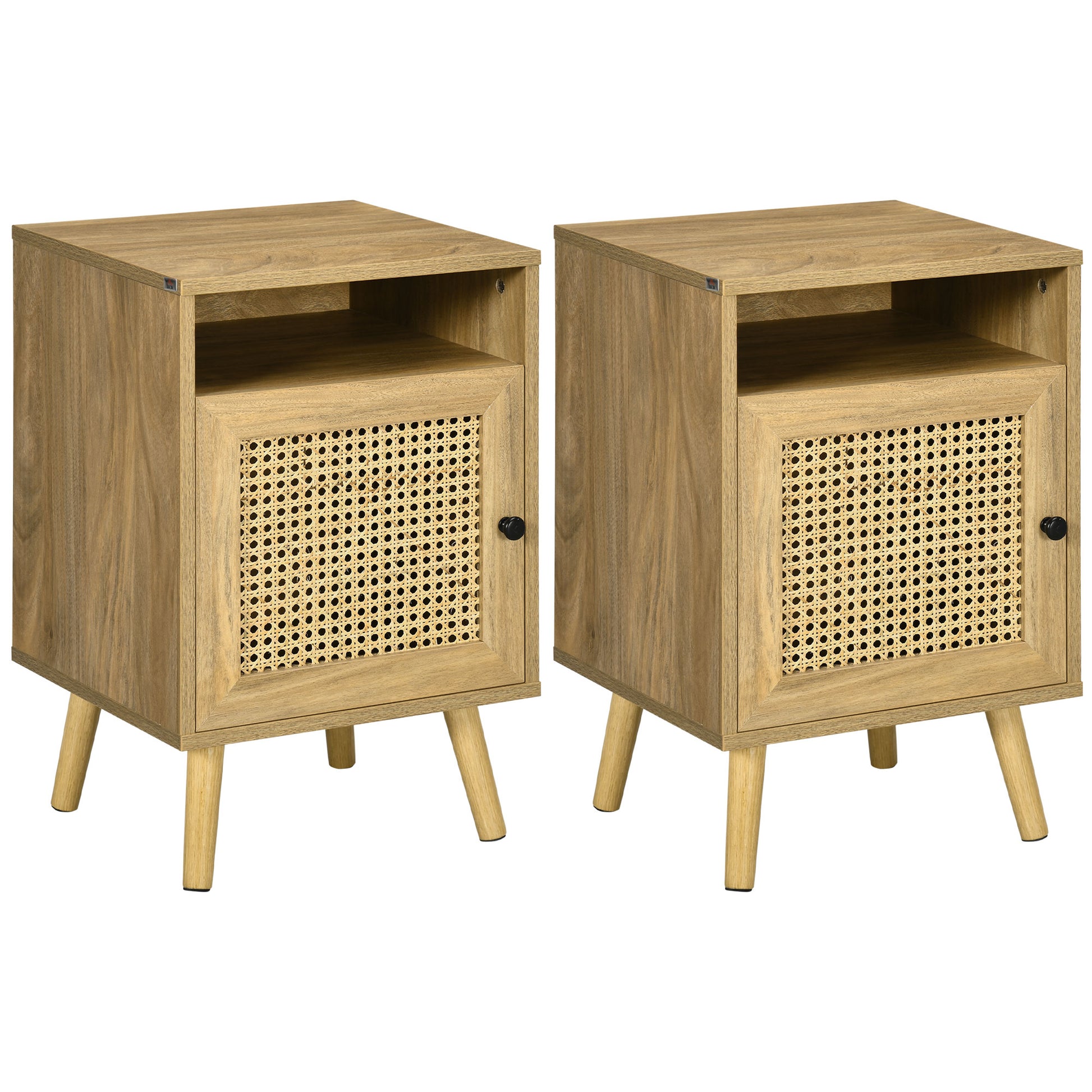 Photo of HOMCOM Bedside Table with Rattan Element, Side End Table with Shelf and Cupboard, 39cmx35cmx60cm, Set of 2, Natural in Natural colour on a white background
