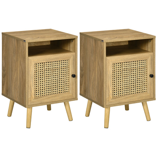 Photo of HOMCOM Bedside Table with Rattan Element, Side End Table with Shelf and Cupboard, 39cmx35cmx60cm, Set of 2, Natural in Natural colour on a white background