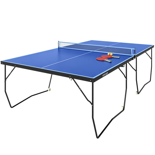 Photo of SPORTNOW 9FT Folding Tennis Table, with 8 Wheels, for Indoor Use, Blue in Blue colour on a white background