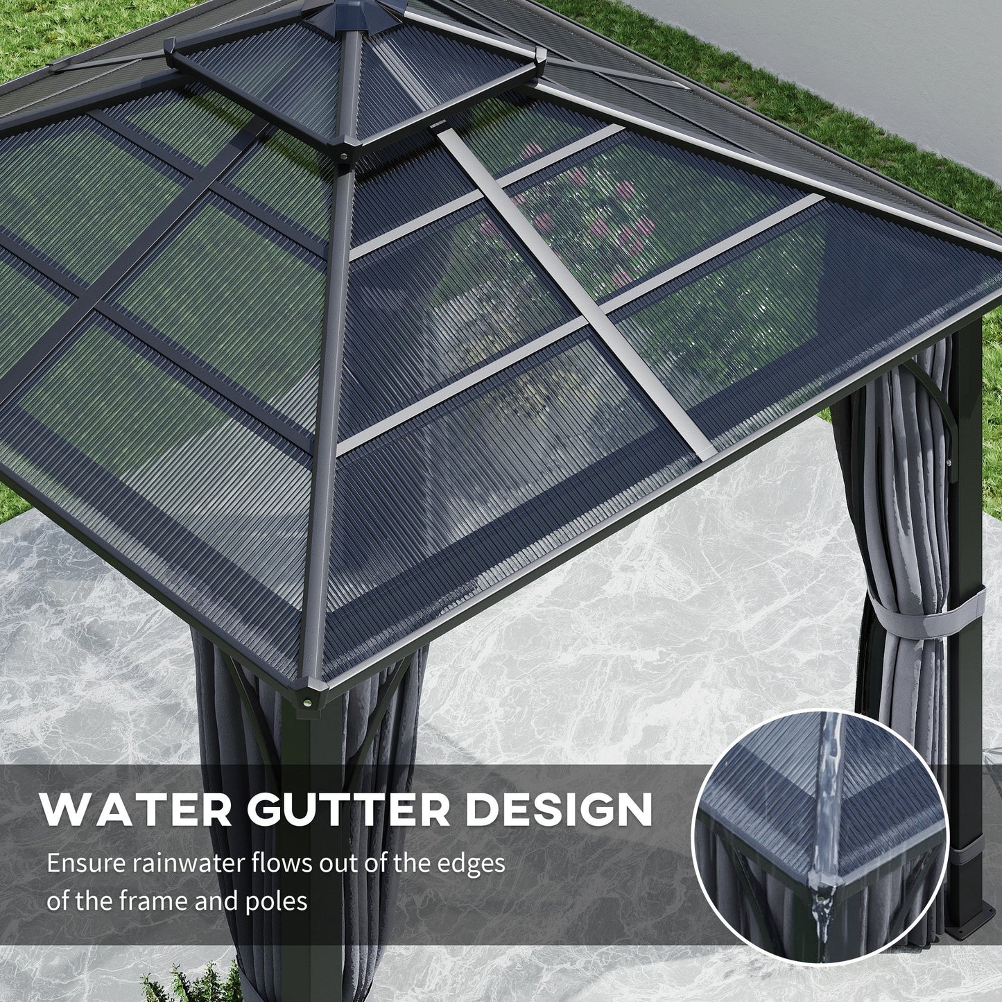 Outsunny 3 x 3(m) Hardtop Gazebo Canopy with 7mm Polycarbonate Double-Tier Roof, Garden Gazebo Permanent Pavilion with Mosquito Netting and Curtains for Patio, Terrace, Dark Grey