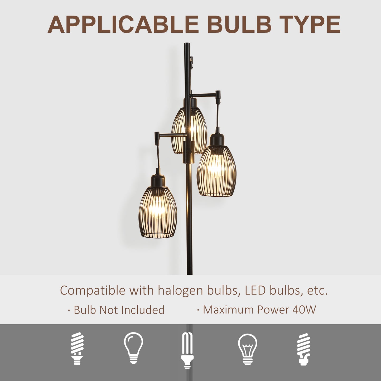 HOMCOM 3-Light Floor Lamp, 170cm Industrial Dimmable Standing Lamp with Steel Wire Cage Lampshades for Living Room, Bedroom, Dining Room, Study, Bulb Not Included, Black