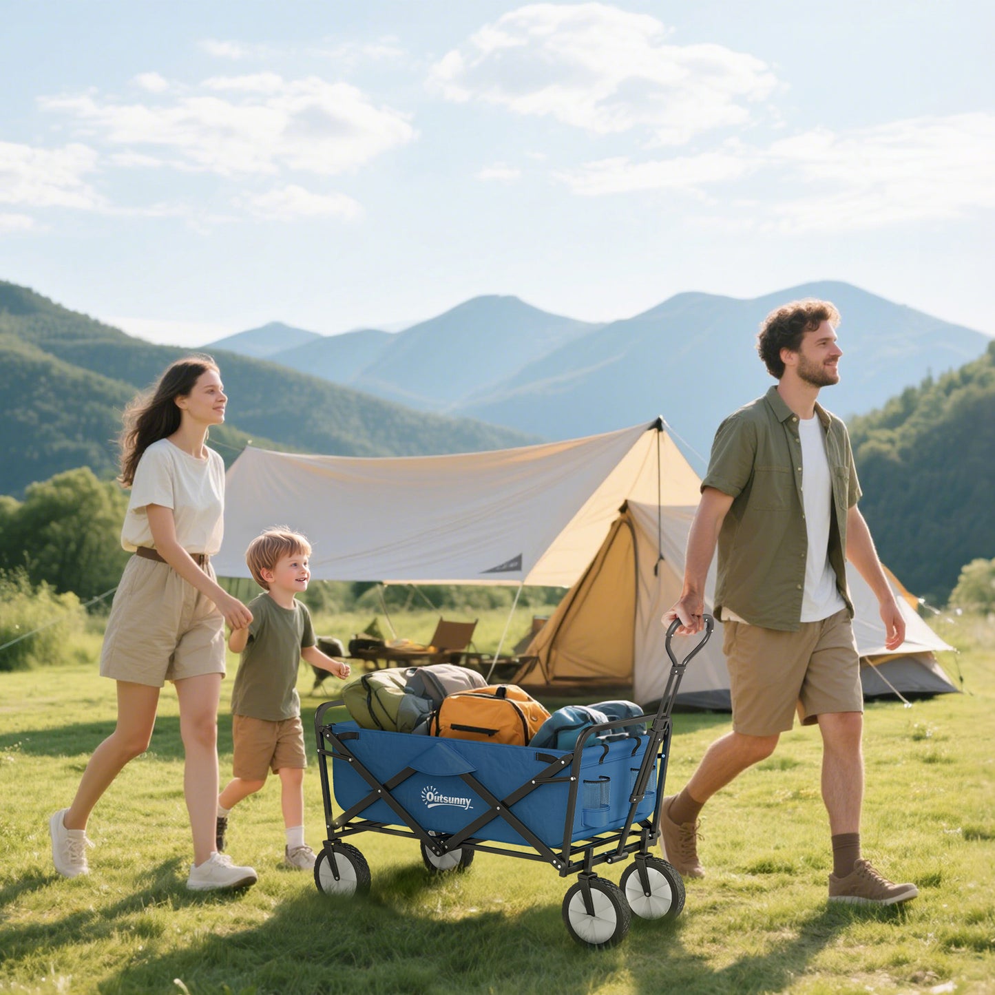 Outsunny 135L Festival Trolley on Wheels, Folding Wagon Camping Trolley Cart with Adjustable Handle, Dual Brakes, Portable Wagon Cart for Outdoor, Garden, Shopping, Fishing, Navy Blue