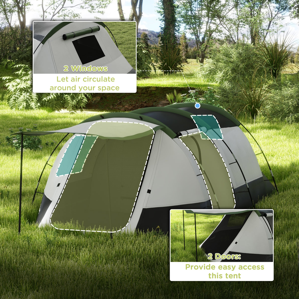 Outsunny 2 Man Camping Tent, with Two Rooms and Porch - Green