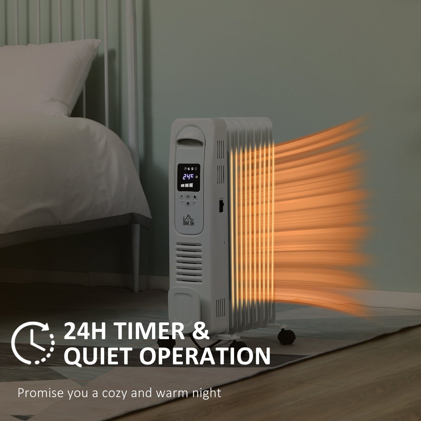 HOMCOM 1500W Digital Oil Filled Radiator, 7 Fin, Portable Electric Heater with LED Display, 24-Hour Timer, 3 Heat Settings, Safety Cut-Off and Remote Control, White