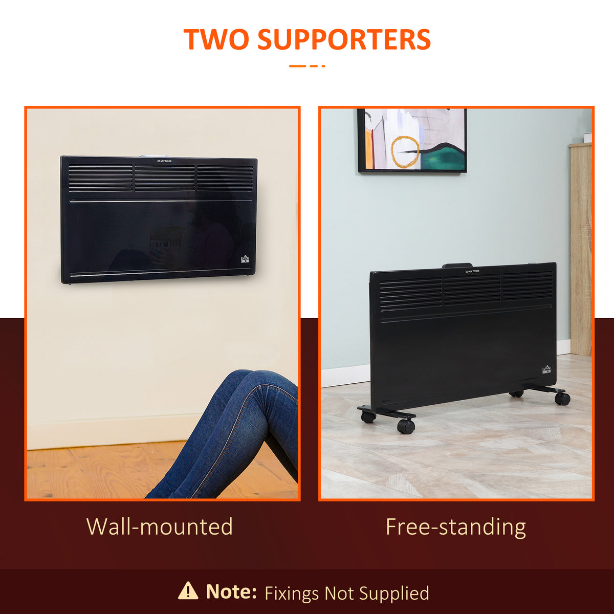 HOMCOM POWER black convector radiator shown wall-mounted and freestanding