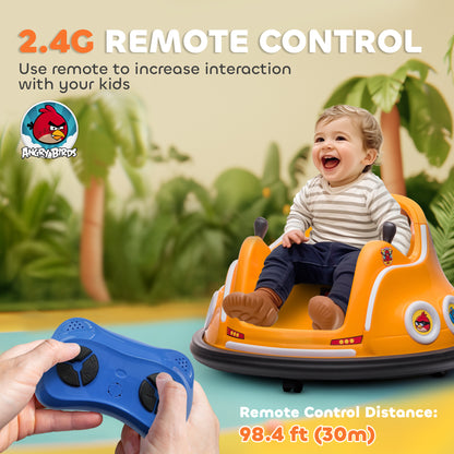 Orange Angry Birds bumper car with child passenger, shown with a handheld remote control