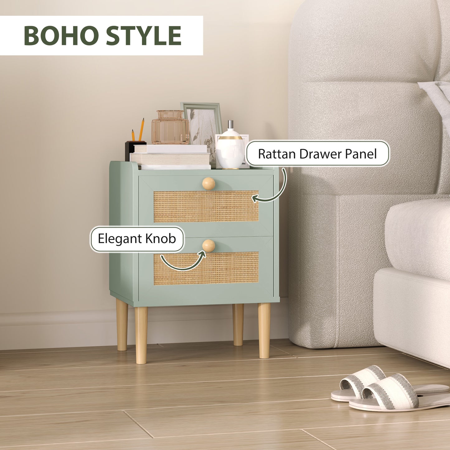 HOMCOM Bedroom Chest of Drawers, Boho Rattan Dresser with 2 Drawers, Storage Cabinet for Living Room, Hallway, Entryway, Olive Green