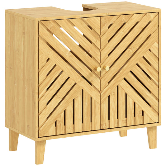 Photo of HOMCOM Bamboo Bathroom Under Sink Cabinet with Adjustable Shelf for Basin without Pedestal - Natural in Natural colour on a white background