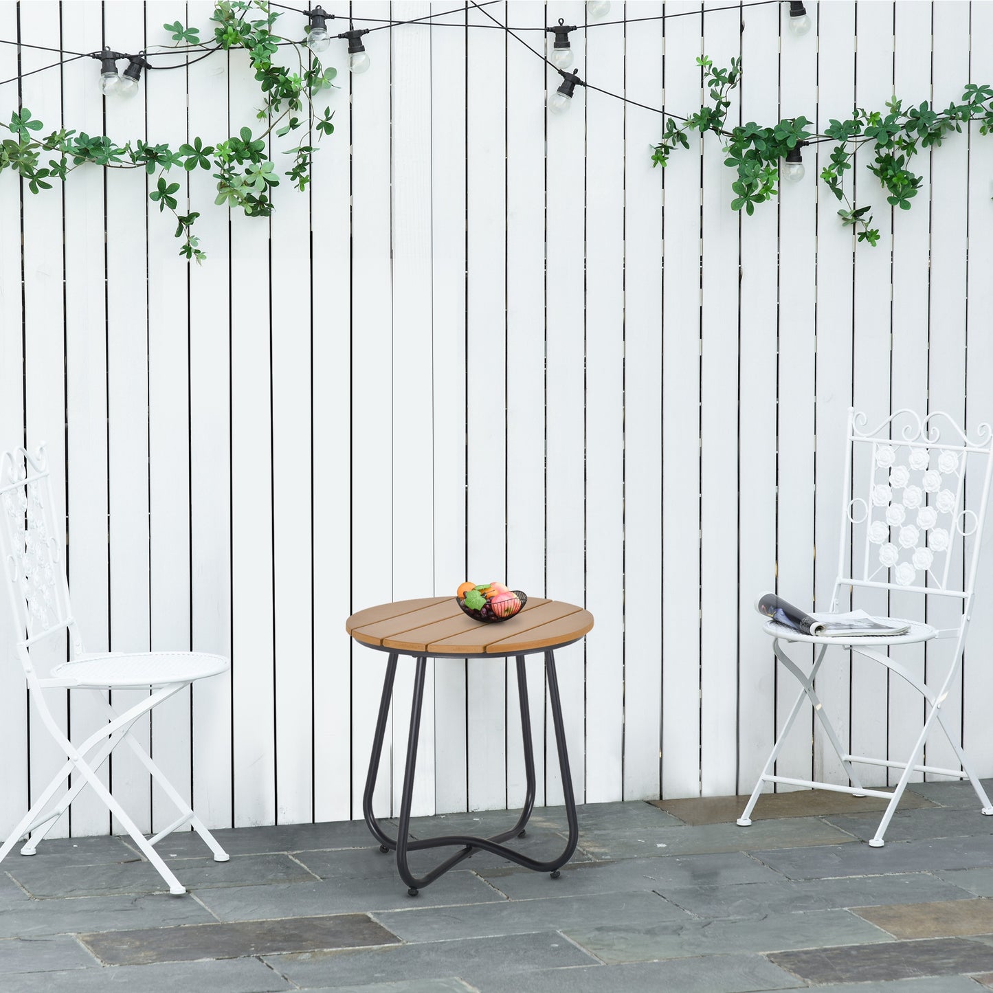 Outsunny Round Outdoor Side Table Adjustable Leg Pads Garden Table 49 x 49 x 48 cm Natural Wood & Black