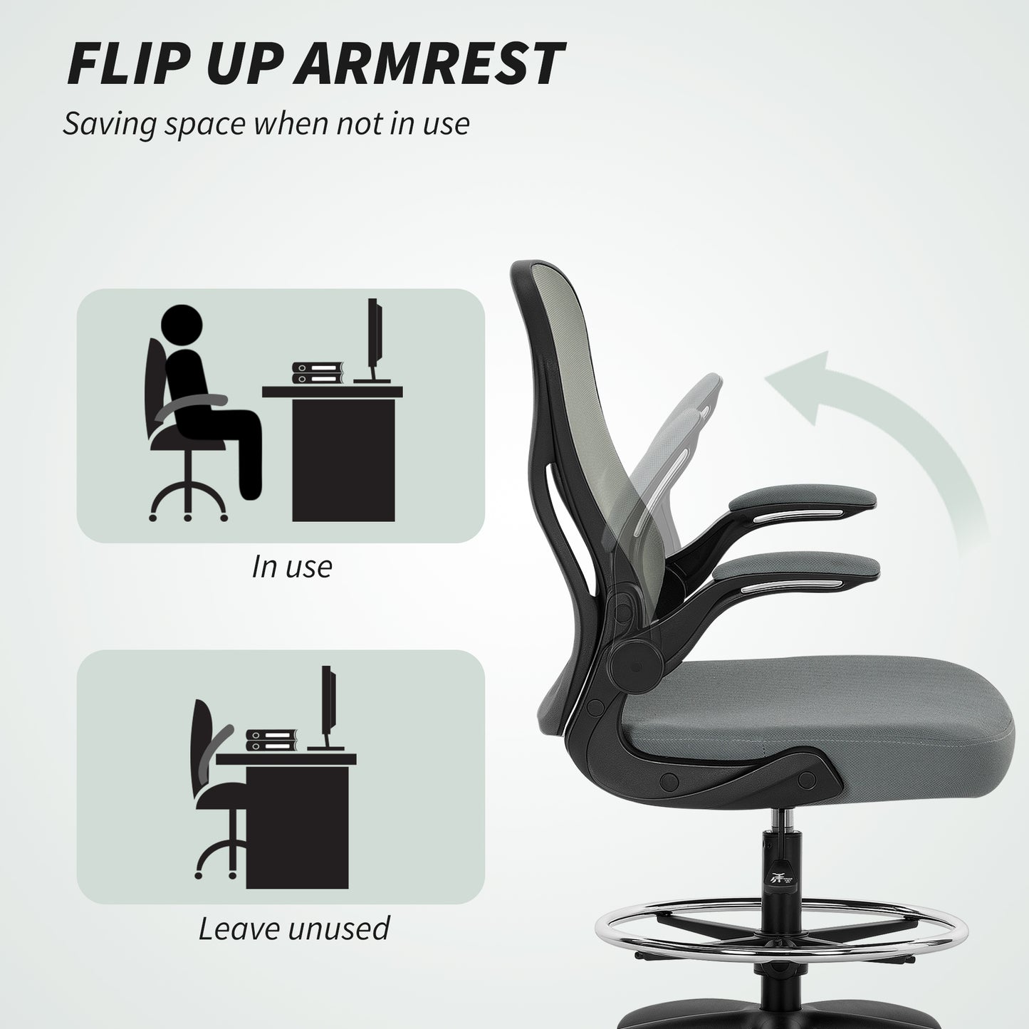 Vinsetto Drafting Chair, Ergonomic Tall Office Chair with Flip-up Armrests, Mesh Back, Lumbar Support, Adjustable Height and Foot Ring, Swivel Wheels, for Standing Desk, Charcoal Grey
