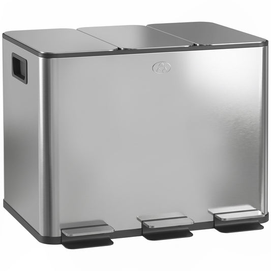 Photo of HOMCOM 3 x 20L Pedal Bin, Steel Triple Kitchen Bin with Soft Close Lid, Removable Inner Buckets, Fingerprint-Proof, Silver Tone in Tone colour on a white background