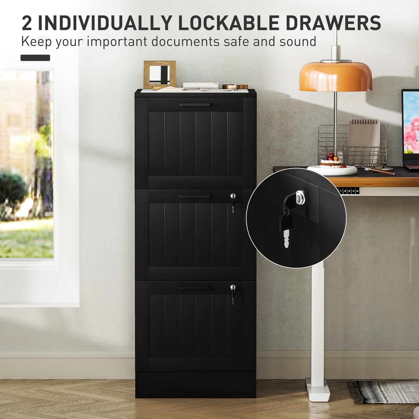 HOMCOM 3 Drawer Filing Cabinet with Lock, Office Storage Cabinet with Adjustable Hanging Bars for A4 Letter Size Files, Black