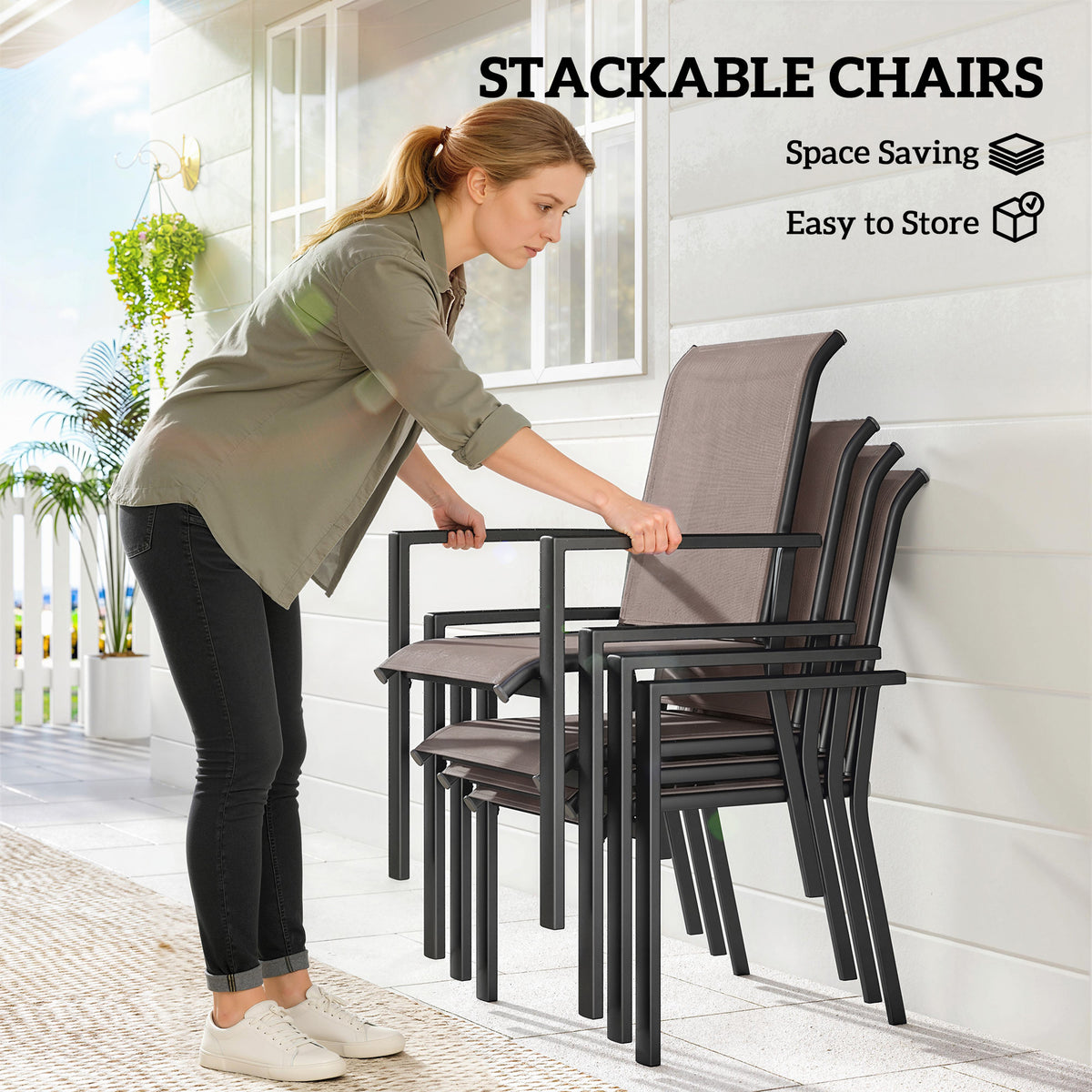 Outsunny 5 Pieces Outdoor Dining Set for 4, Garden Table and Stackable Chairs with Breathable Mesh Seat, Grey and Khaki