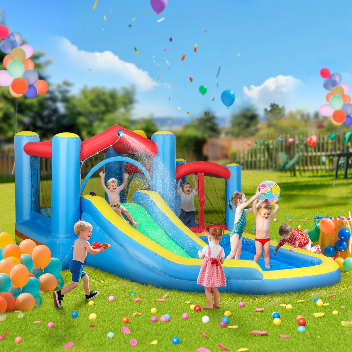 AIYAPLAY inflatable water castle with slide and splash pool in use by children