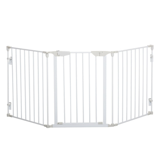 White metal pet safety gate with three hinged panels and a central door