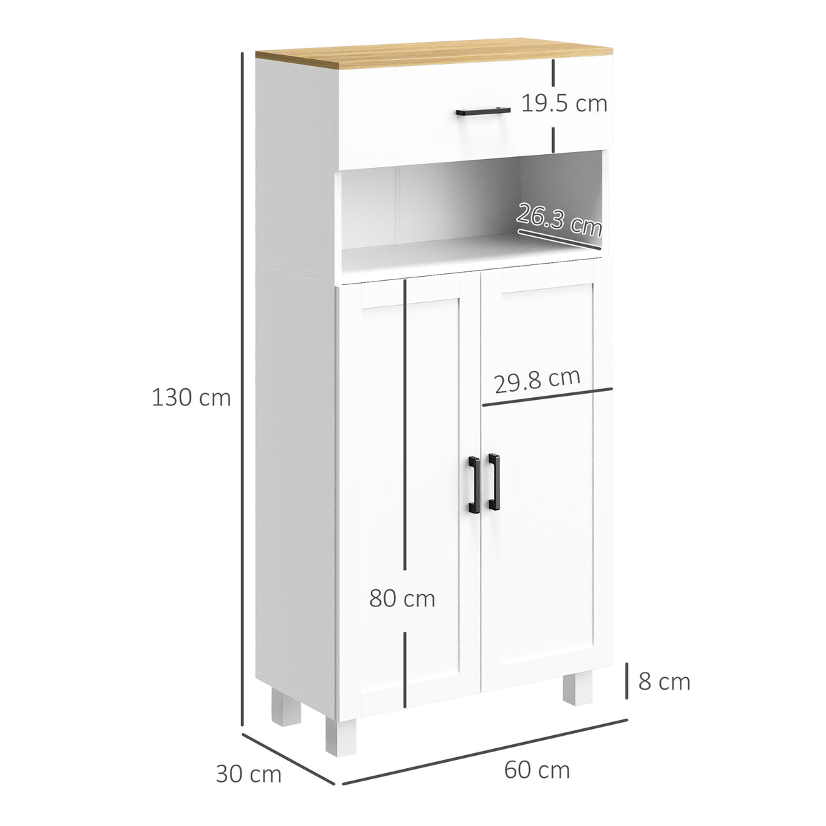White storage cabinet with wood-look top, drawer, open shelf and double doors, 130 cm tall