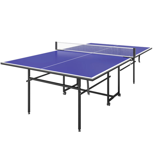 Photo of SPORTNOW 9FT Folding Table Tennis Table with Four Wheels, for Indoor Use, Blue in Blue colour on a white background