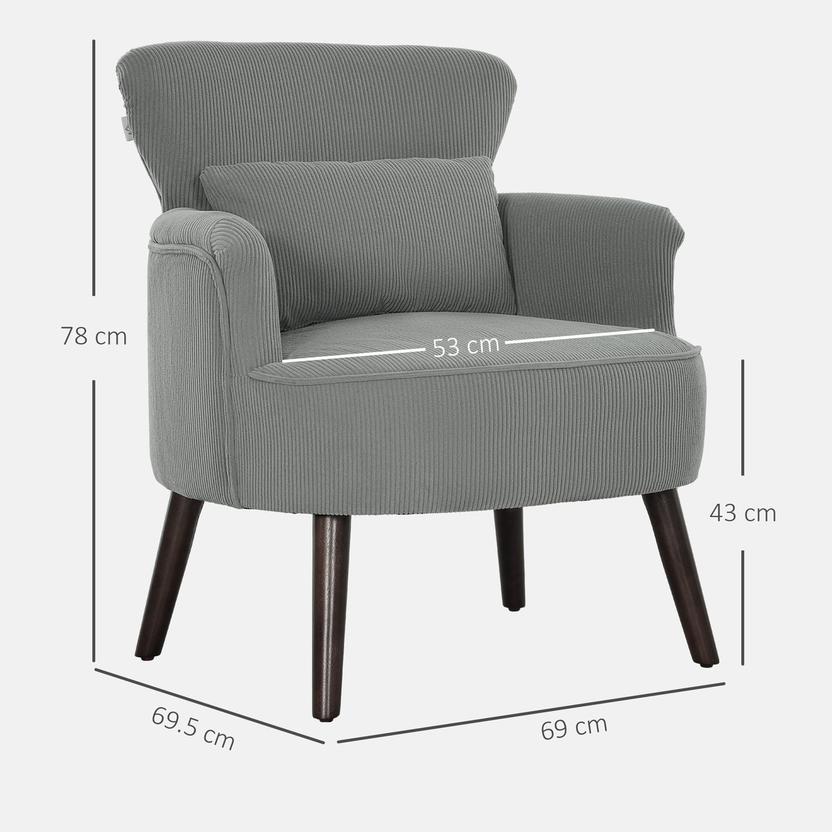 Light grey corduroy chair with lumbar pillow; dimensions shown: 69 cm wide, 69.5 cm deep, 78 cm high