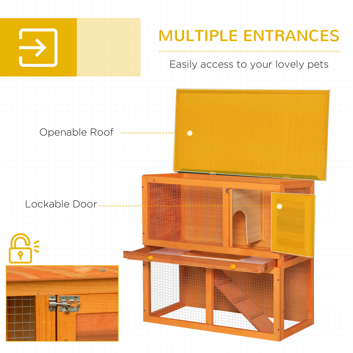 Wooden rabbit hutch with open roof, access door and metal door latch